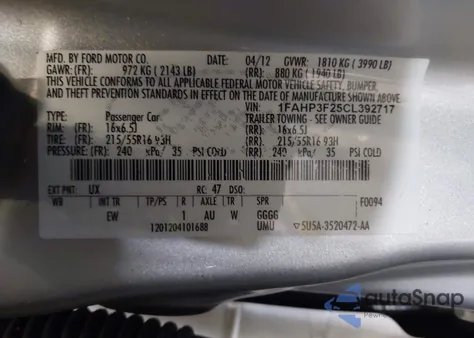 2012 Ford Focus Se из США, поврежденный, VIN 1FAHP3F25CL392717